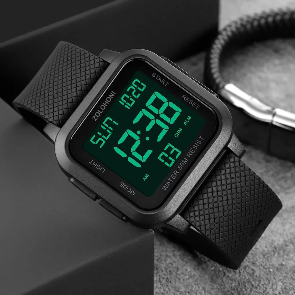 Square Men's Digital Watch Big Numbers Dial Large Face Waterproof LED Watches with Alarm Date Stopwatch