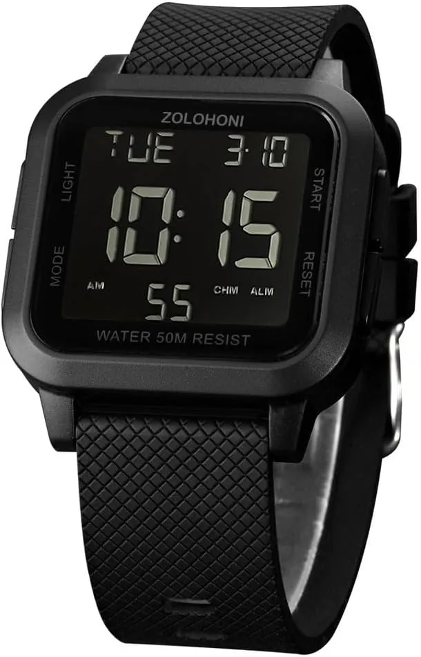 Square Men's Digital Watch Big Numbers Dial Large Face Waterproof LED Watches with Alarm Date Stopwatch