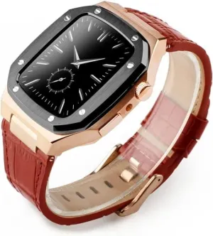 Stainless Steel Case Leather Watch Strap，For 45mm 44mm 41mm, Men Military Full Protection Metal Cover Replacement Bands，For Series 8 7 6 5 4 SE