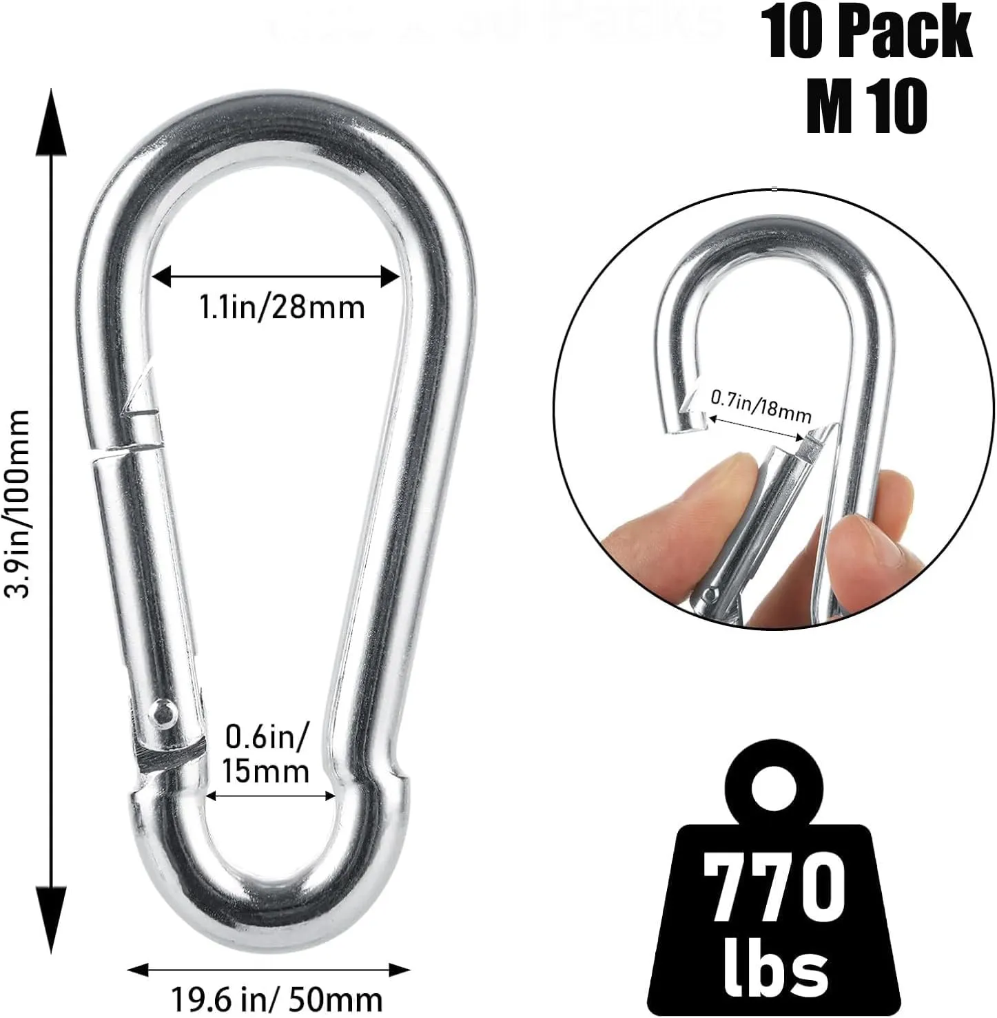 Stainless Steel Spring Snap Hook Carabiner M6 M8 M10 Heavy Duty Carabiner Clip Spring Clips Keychain 5/16 Inch Quick Links for Backpack, Hammocks, Camping, Swing(16/30/10PCS)