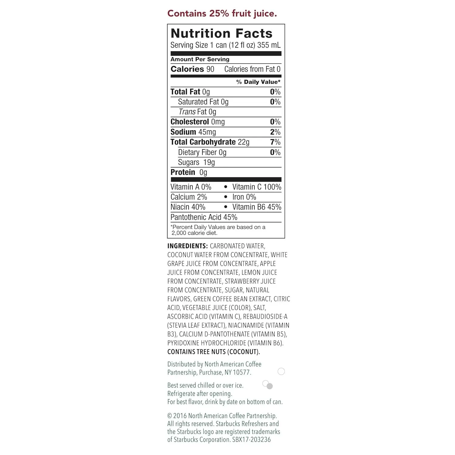 Starbucks, Refreshers with Coconut Water, Strawberry Lemonade, 12 fl Oz. Cans (12 Pack)