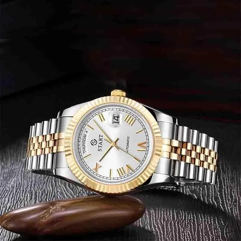 【Start】 Men's Waterproof Watch Swiss Movement Automatic Mechanical Watch Roman Numeral Dial Metal Watch Date Week Function
