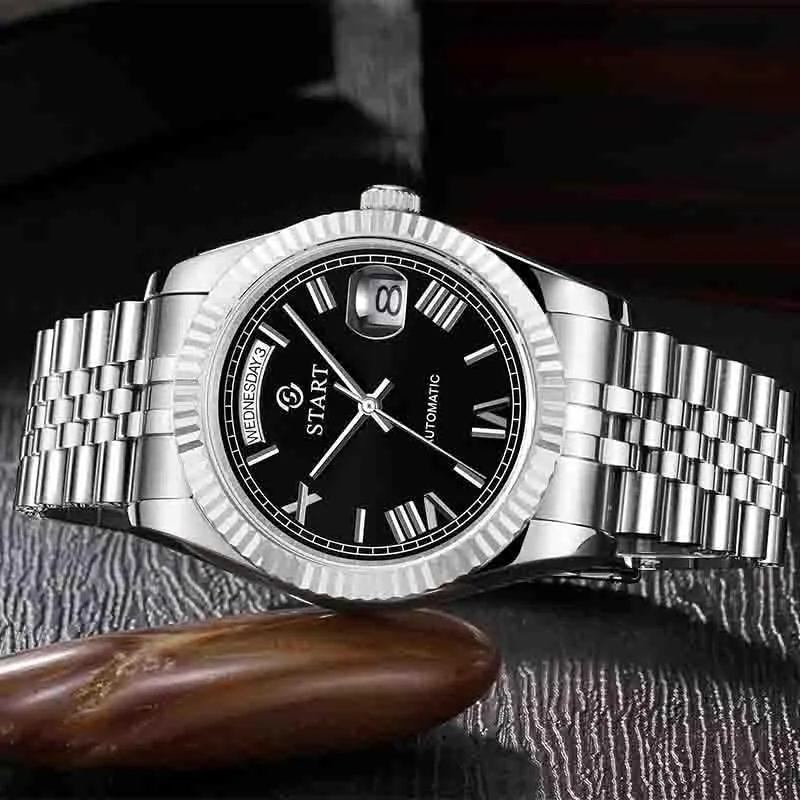 【Start】 Men's Waterproof Watch Swiss Movement Automatic Mechanical Watch Roman Numeral Dial Metal Watch Date Week Function
