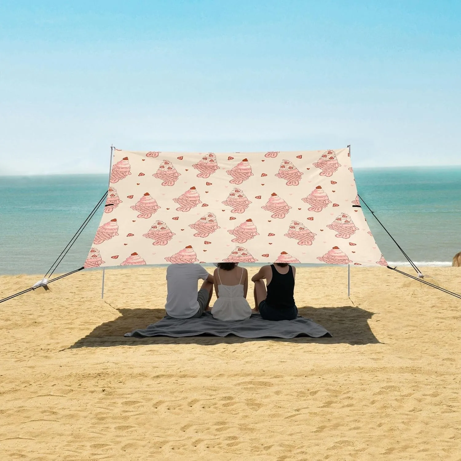 Strawberry Ice Cream Taiyaki Fish Beach Camping Tent Sun Shelter for Whole Family, Beach Shade Canopy with UPF50  UV Protection,Easy Set Up and Carry,Outdoor Shade for Trips, Fishing, Backyard