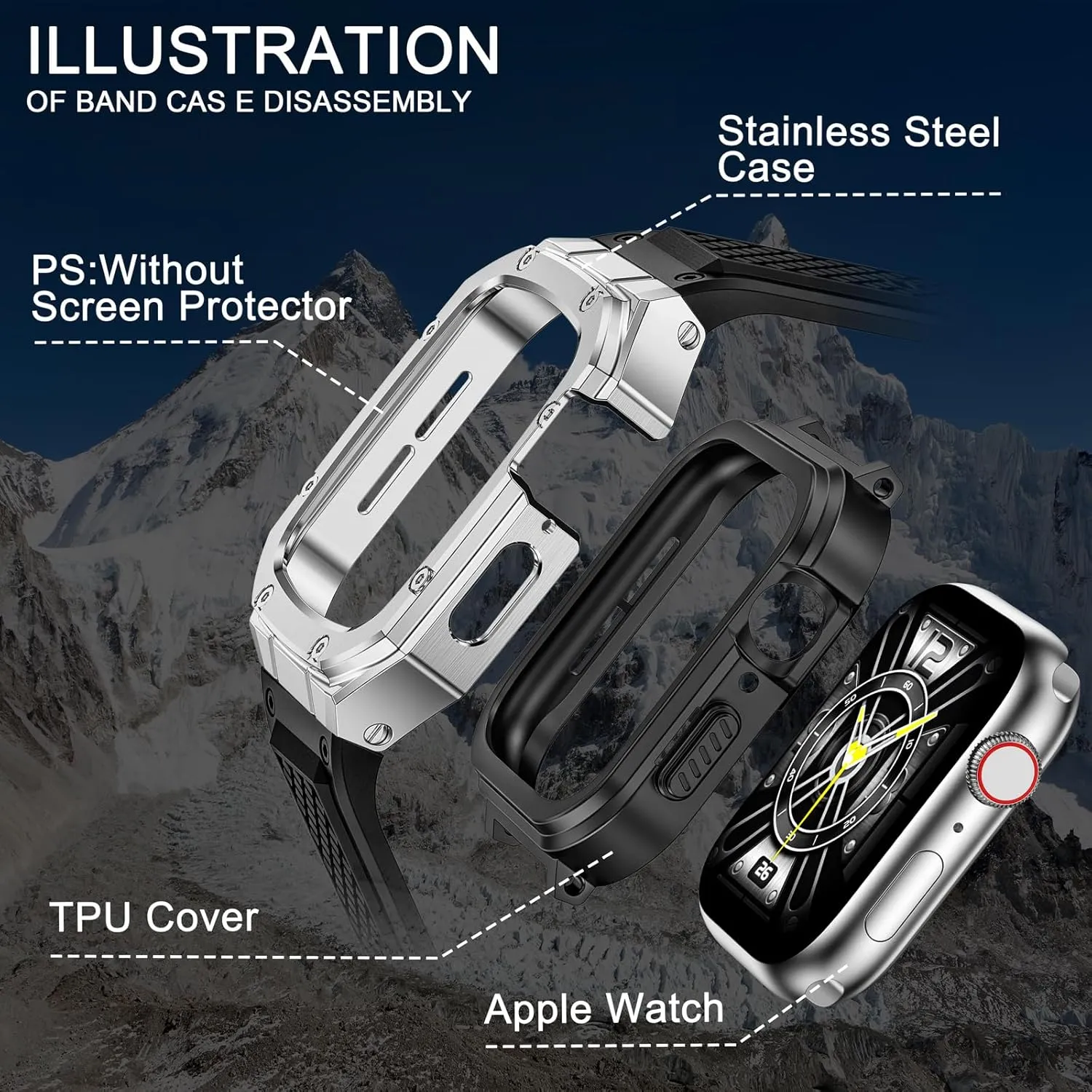 SUPLINK Stainless Steel Case with Silicone Band Compatible with Apple Watch Series 9 8 7 45mm Bands, Metal Rugged Protector Cover for iWatch Bands Men (Silver)