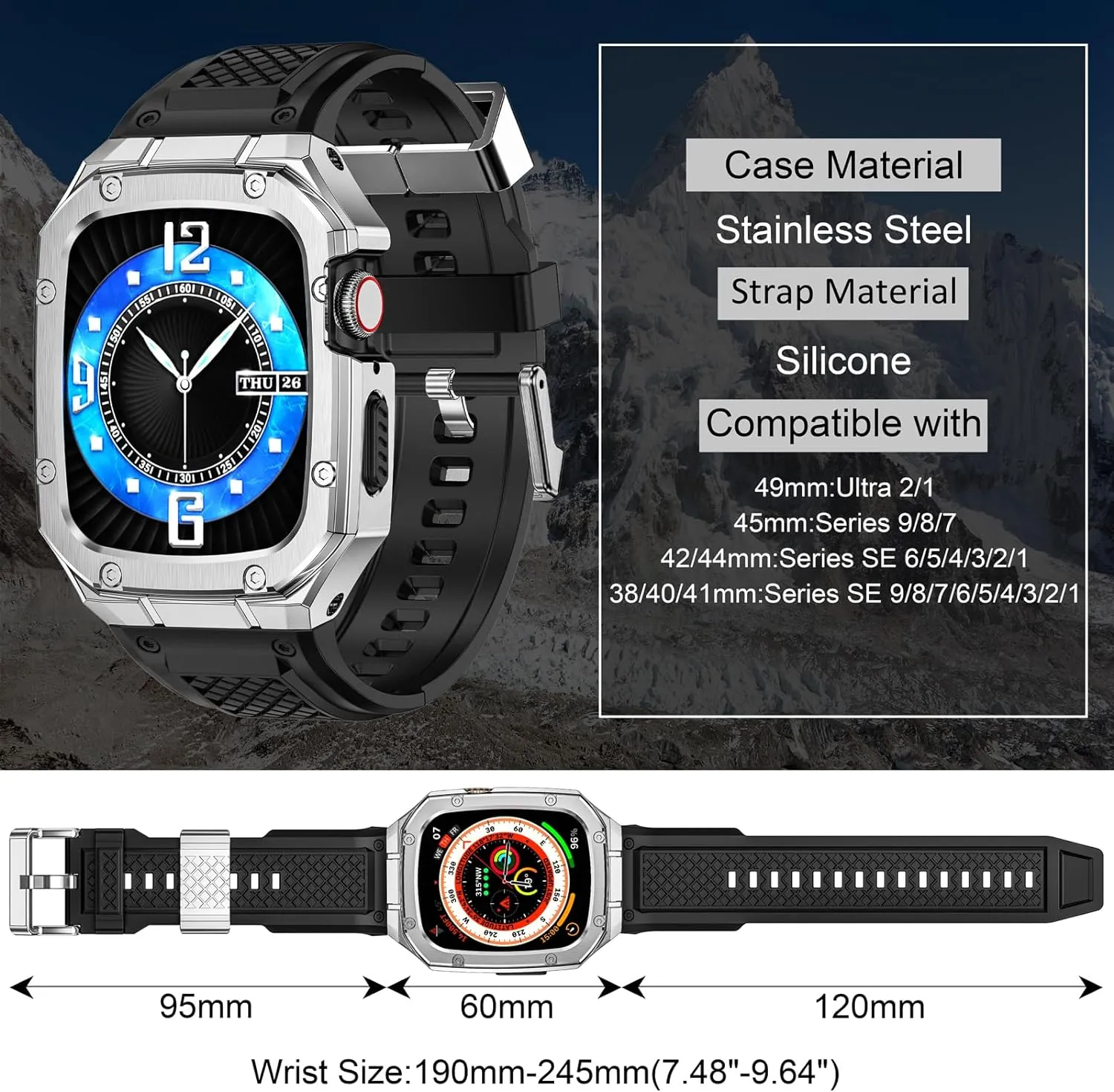 SUPLINK Stainless Steel Case with Silicone Band Compatible with Apple Watch Series 9 8 7 45mm Bands, Metal Rugged Protector Cover for iWatch Bands Men (Silver)