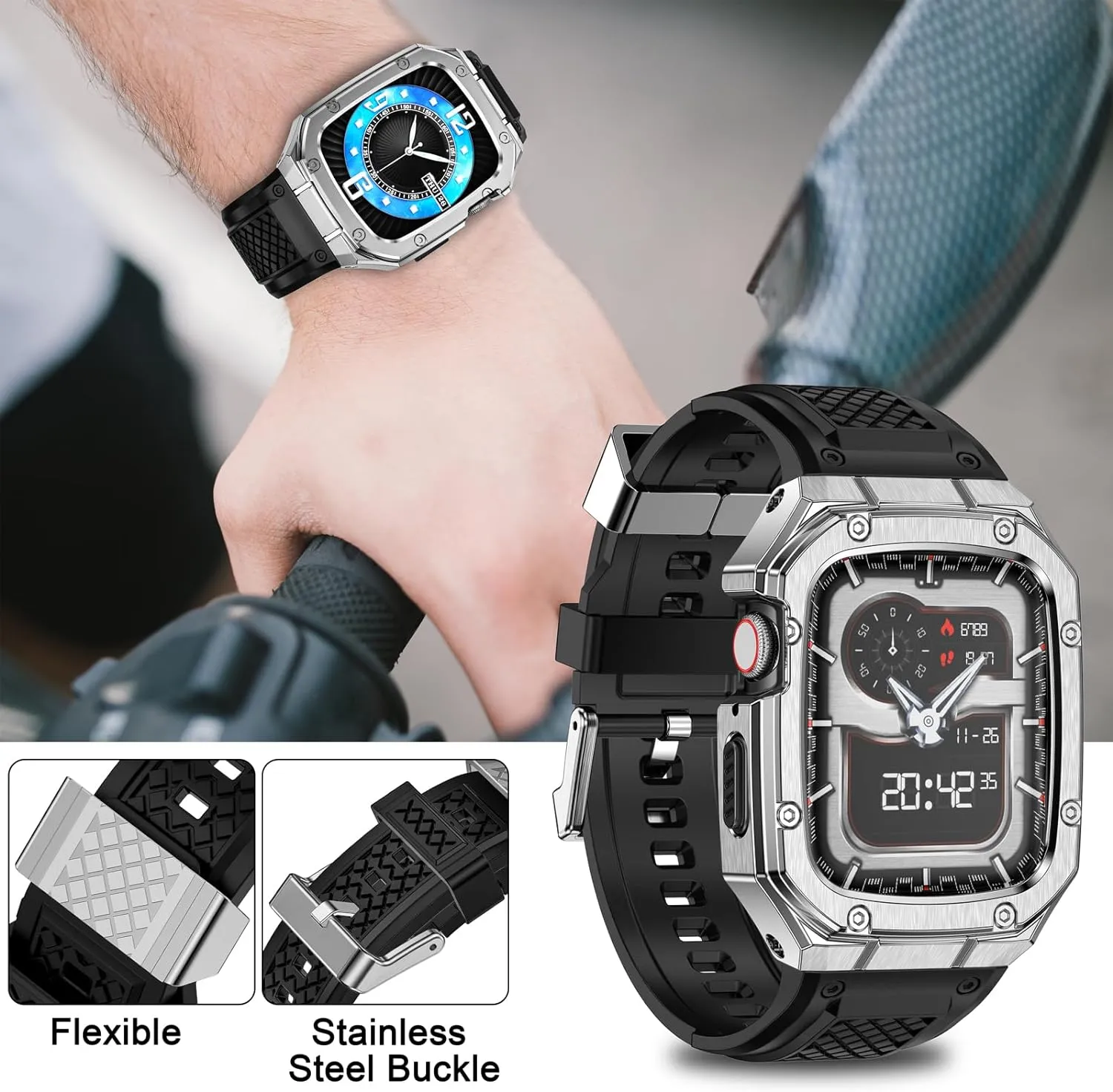 SUPLINK Stainless Steel Case with Silicone Band Compatible with Apple Watch Series 9 8 7 45mm Bands, Metal Rugged Protector Cover for iWatch Bands Men (Silver)