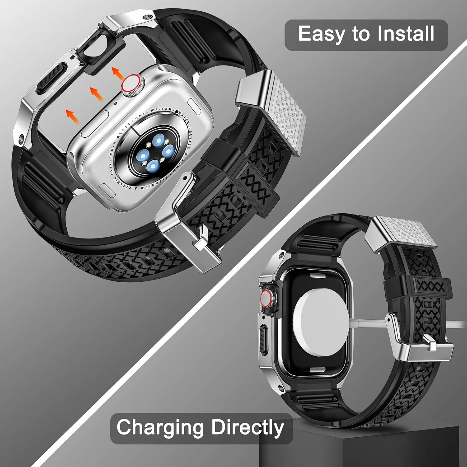 SUPLINK Stainless Steel Case with Silicone Band Compatible with Apple Watch Series 9 8 7 45mm Bands, Metal Rugged Protector Cover for iWatch Bands Men (Silver)