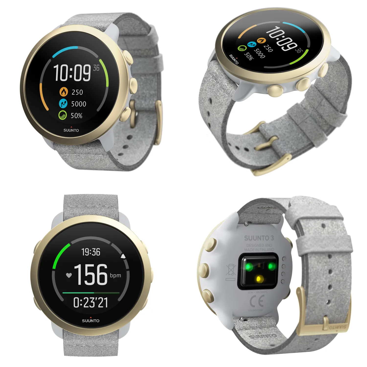 Suunto 3 Multisport Watch with Heart Rate Monitor, Pebble White Light Gold with Wearable4U EarBuds Power Bundle