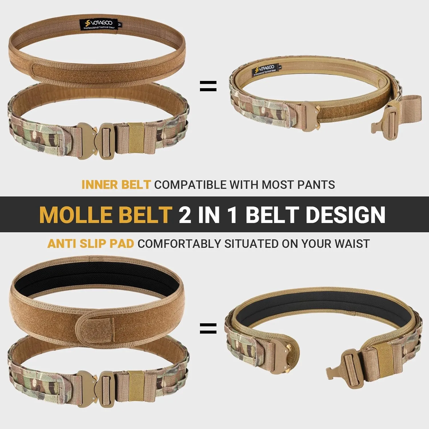 Tactical Belt, 1.75” Molle Belt with Cobra Quick Release Buckle, Heavy Duty Gun Belt with Anti-slip Pad