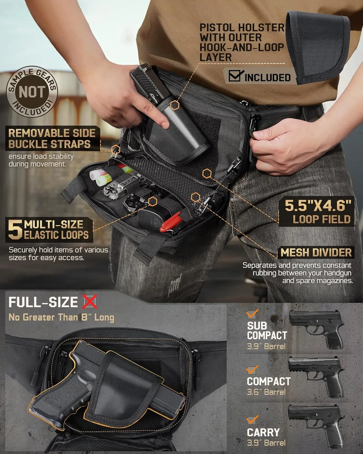 Tactical Concealed Carry Fanny Pack, CCW Fanny Pack, Waist Bag for Men, Hip Bag Compact Belt Bag for Hiking, EDC Waist Pack(Adjustable Up to 60" Waist)