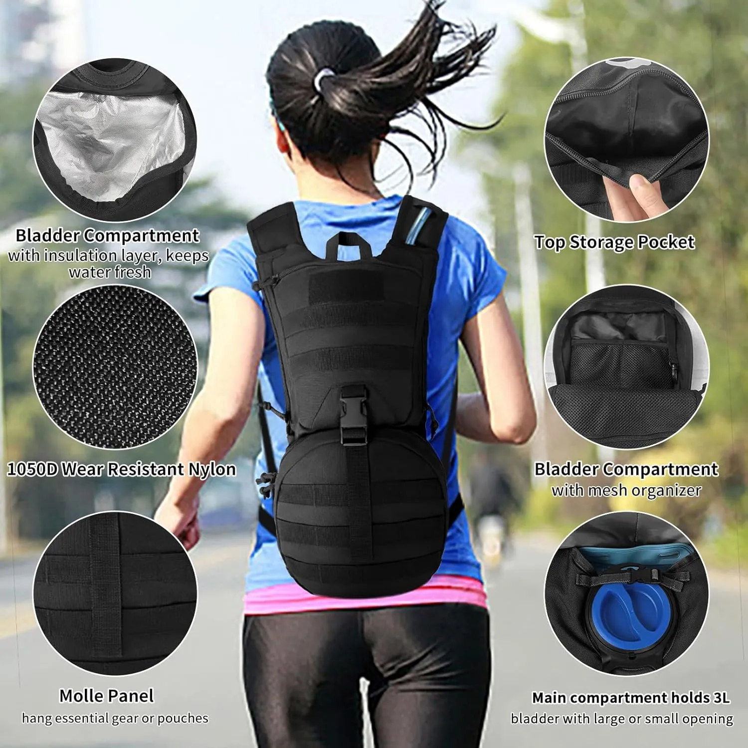 Tactical Molle Hydration Backpack Pack, Military Insulated Water Backpack with 3L Water Bladder for Hiking Running Biking Cycling