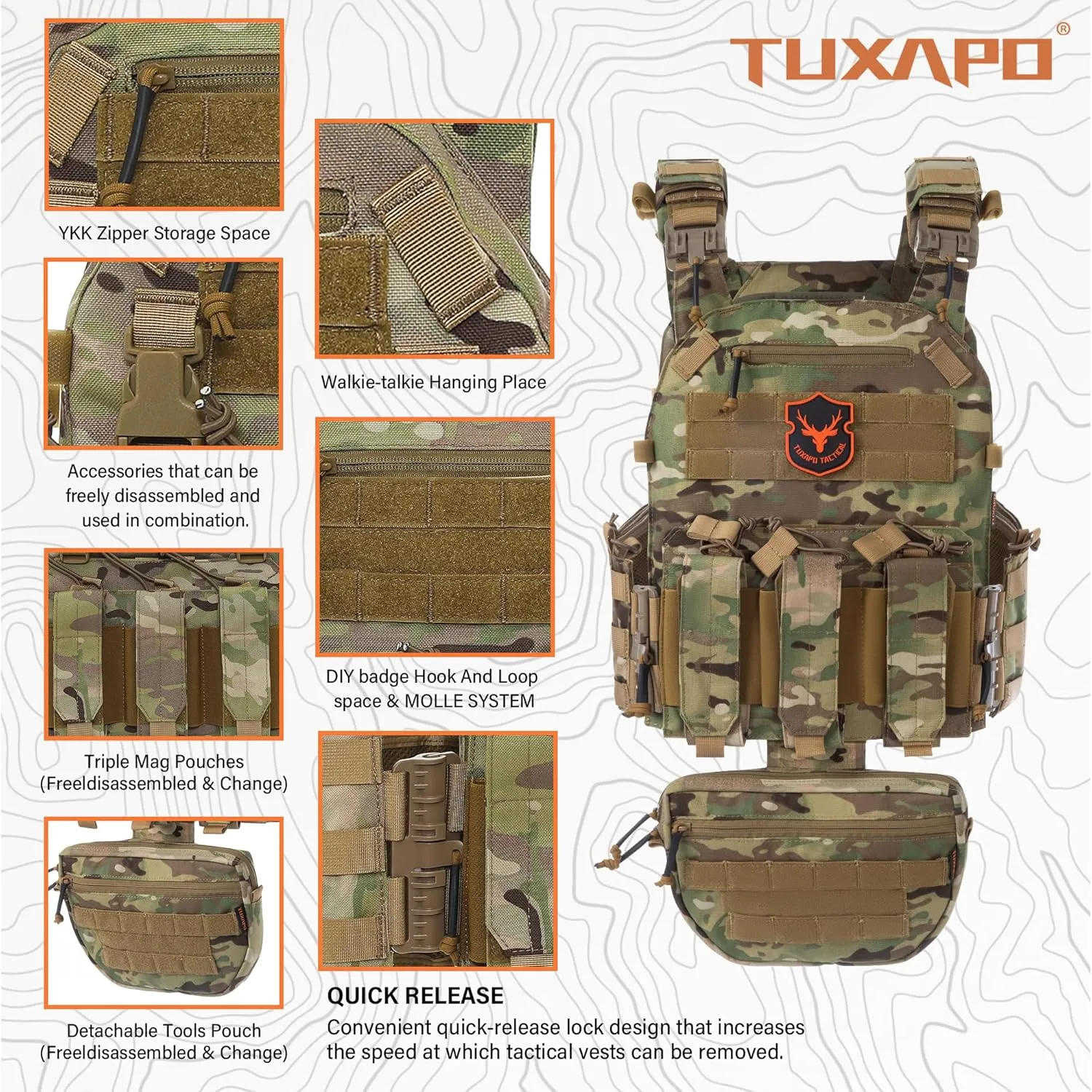 Tactical Molle Vest for Big Men with Quick Release Front Pouch Set Heavy-Duty Detachable and Reassembleable