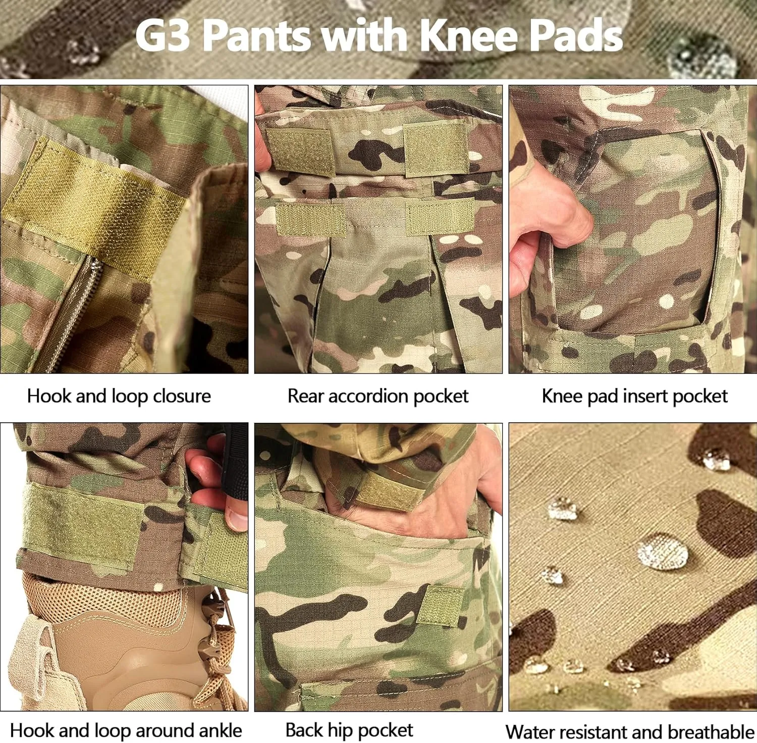 Tactical Pants for Men G3 Combat Pants with Knee Pads Waterproof Camo Cargo Pants for Airsoft Paintball