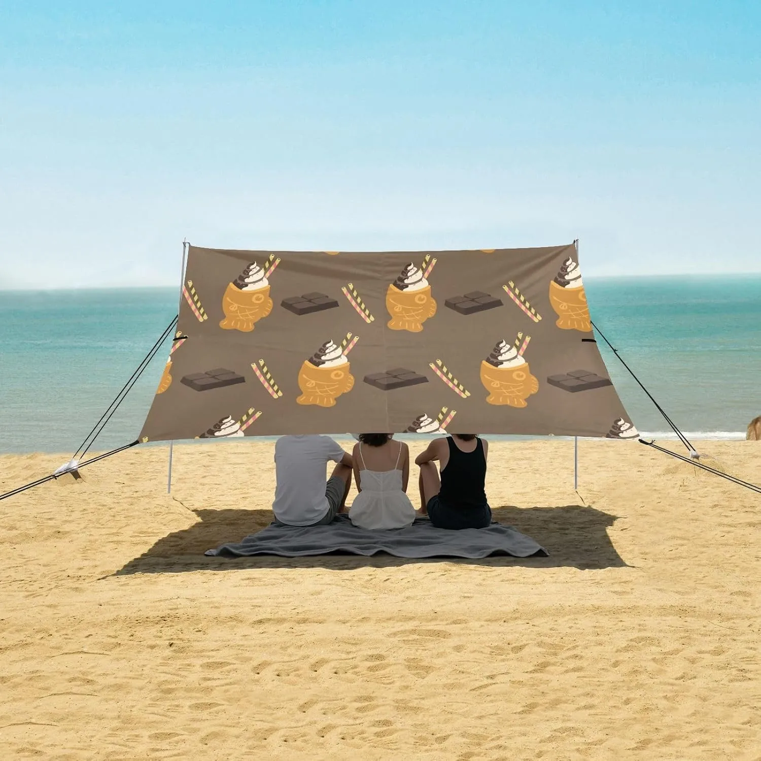 Taiyaki Ice Cream Chocolate Beach Camping Tent Sun Shelter for Whole Family, Japanese Street Food Dessert Beach Shade Canopy with UPF50  UV Protection,Easy Set Up and Carry,Outdoor Shade for Tr