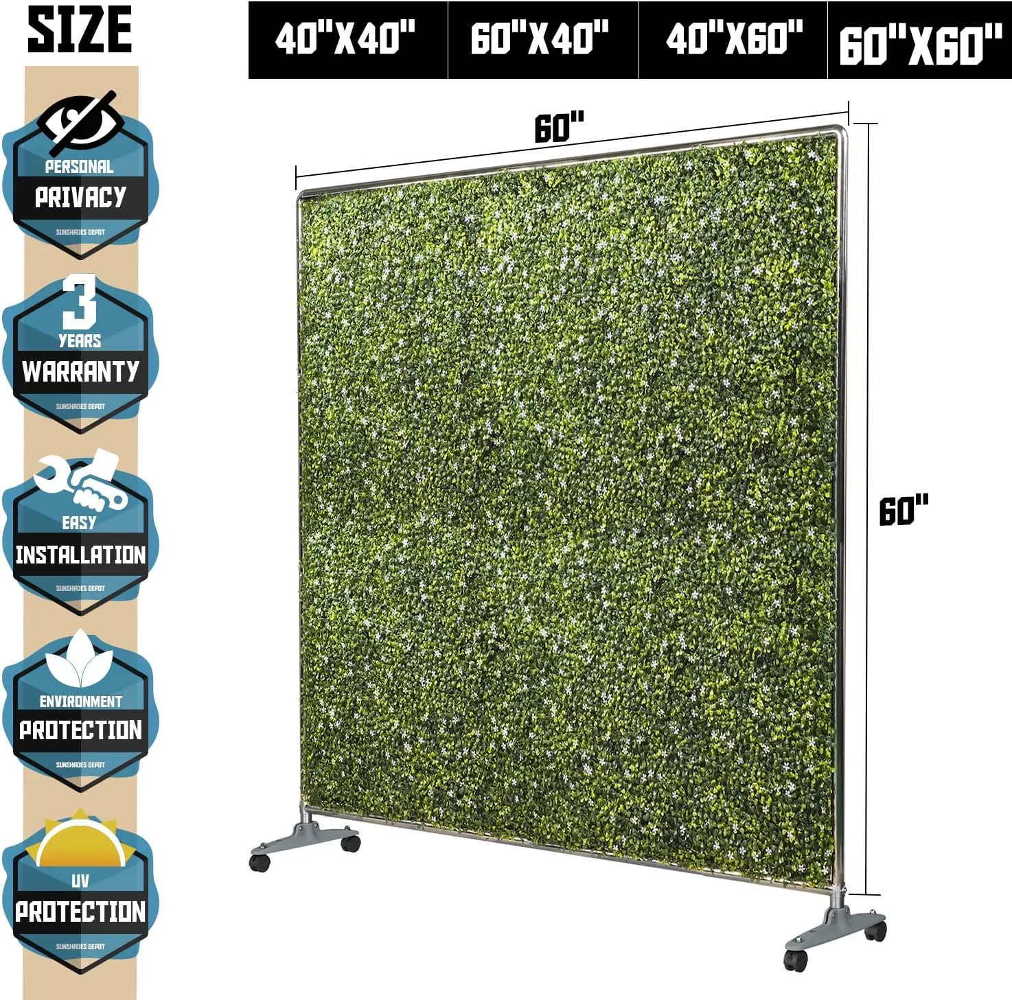 TANG Mobile Hedge Room Divider, Boxwood Backdrops Partition Privacy Screens with Smooth Wheels, Portable Wall Divider for Office, Restaurant, Room, 60" Hx60 W