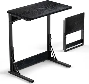 Tatub 24" Folding C Shaped End Table, Small Sofa Side Laptop Desk, Couch TV Tray Table for Living Room, Bedroom, Dark Black
