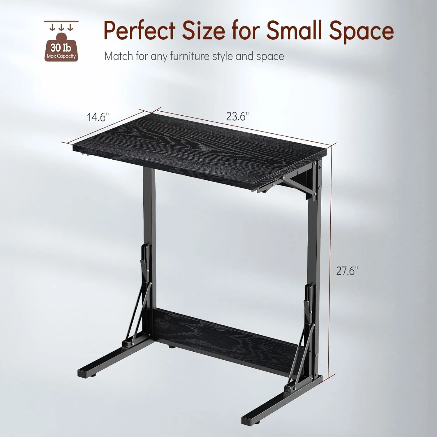 Tatub 24" Folding C Shaped End Table, Small Sofa Side Laptop Desk, Couch TV Tray Table for Living Room, Bedroom, Dark Black