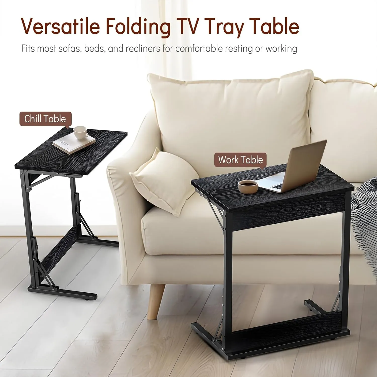 Tatub 24" Folding C Shaped End Table, Small Sofa Side Laptop Desk, Couch TV Tray Table for Living Room, Bedroom, Dark Black