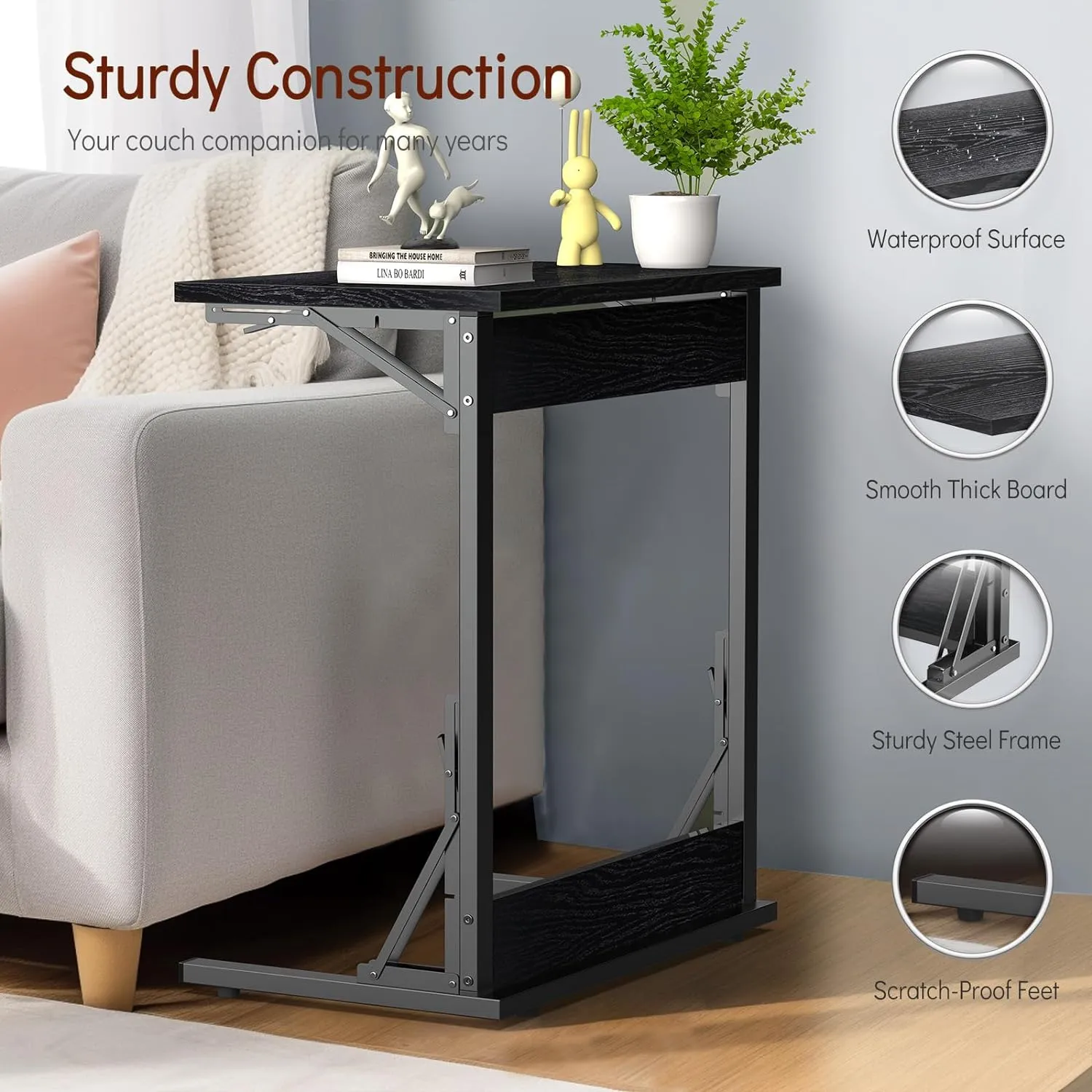 Tatub 24" Folding C Shaped End Table, Small Sofa Side Laptop Desk, Couch TV Tray Table for Living Room, Bedroom, Dark Black