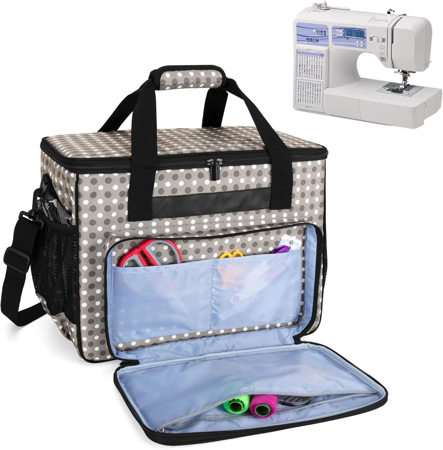 Teamoy Sewing Machine Case, Carrying Tote Bag Storage Organizer Compatible with Brother, Singer Sewing Machines and Accessories, Gray Dots