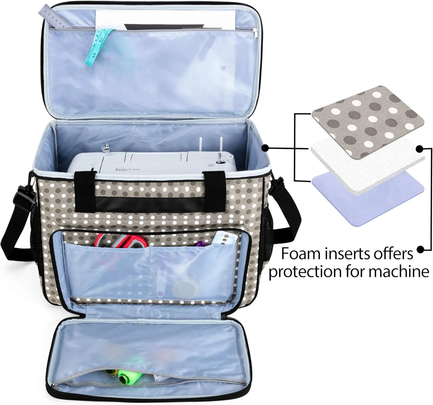 Teamoy Sewing Machine Case, Carrying Tote Bag Storage Organizer Compatible with Brother, Singer Sewing Machines and Accessories, Gray Dots