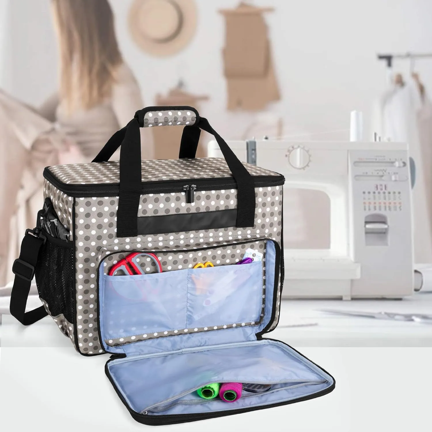 Teamoy Sewing Machine Case, Carrying Tote Bag Storage Organizer Compatible with Brother, Singer Sewing Machines and Accessories, Gray Dots