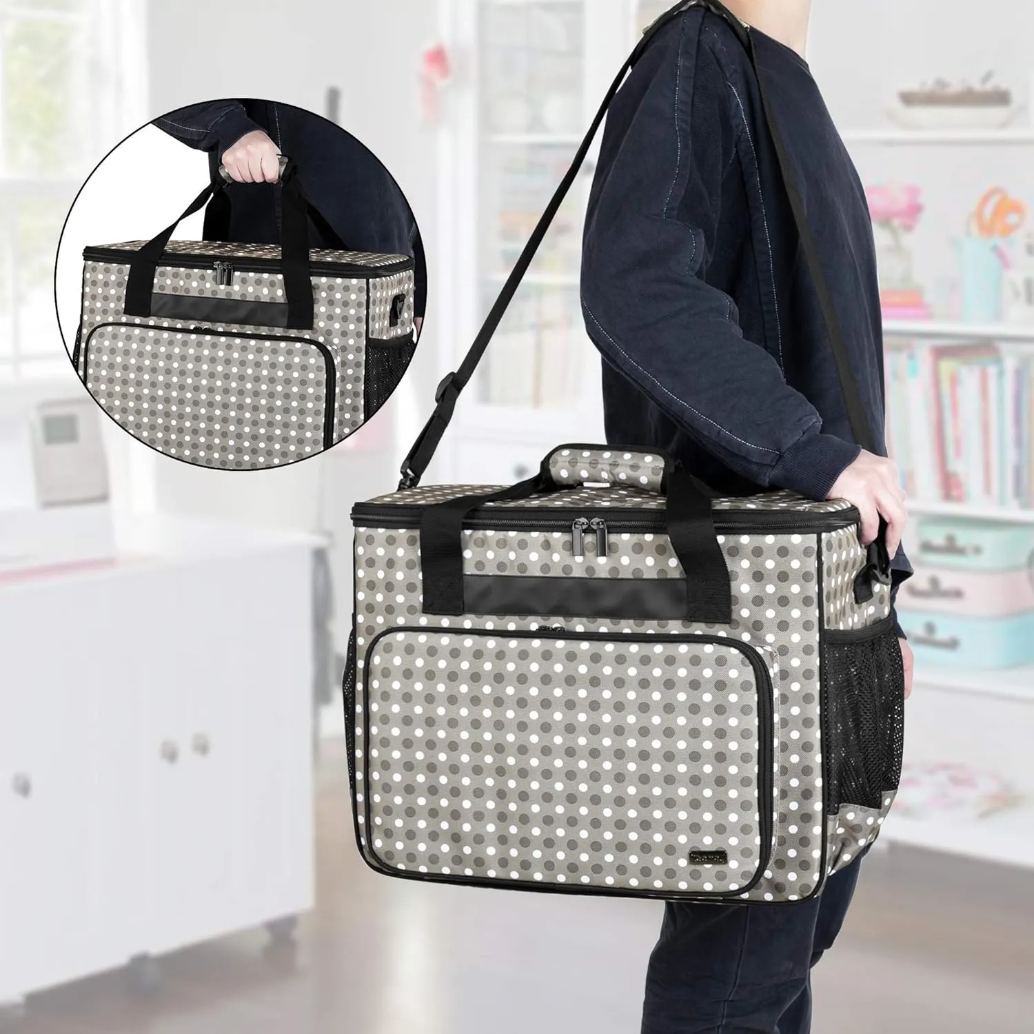 Teamoy Sewing Machine Case, Carrying Tote Bag Storage Organizer Compatible with Brother, Singer Sewing Machines and Accessories, Gray Dots