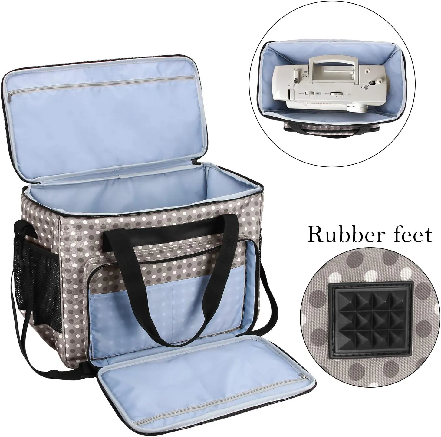 Teamoy Sewing Machine Case, Carrying Tote Bag Storage Organizer Compatible with Brother, Singer Sewing Machines and Accessories, Gray Dots