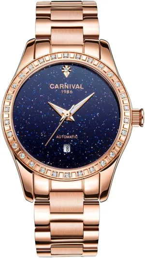 TEINTOP Carnival Women's Automatic Mechanical Watch Sparkling Stars Blue Sky Dial (Rhinestone Bezel-Calendar)