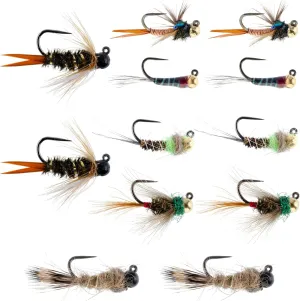 The Fly Fishing Place Barbless Tactical Czech Nymph Fly Fishing Flies Collection - One Dozen Tungsten Bead Euro Nymphing Fly Assortment - 2 Each of 6 Patterns - Hook Sizes 12, 14 and 16