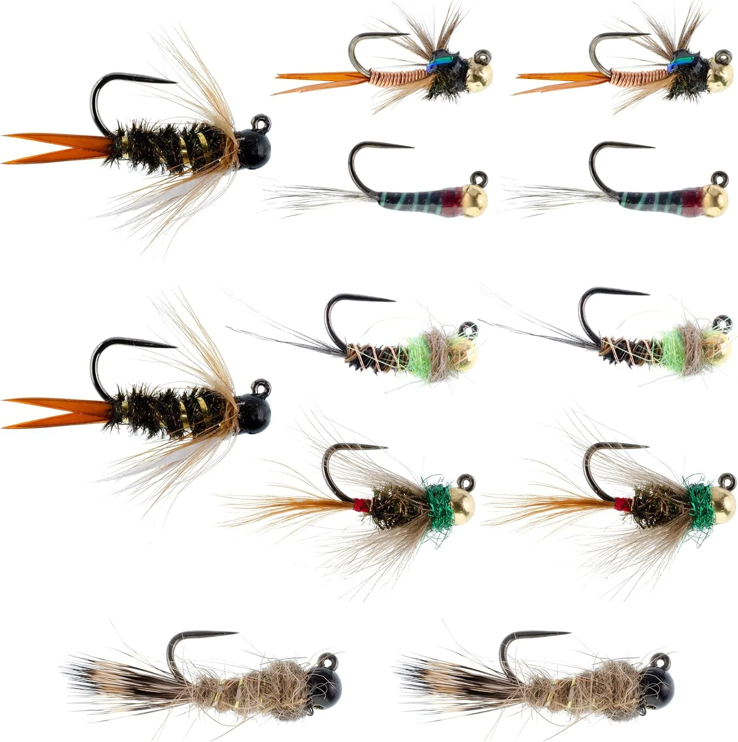 The Fly Fishing Place Barbless Tactical Czech Nymph Fly Fishing Flies Collection - One Dozen Tungsten Bead Euro Nymphing Fly Assortment - 2 Each of 6 Patterns - Hook Sizes 12, 14 and 16