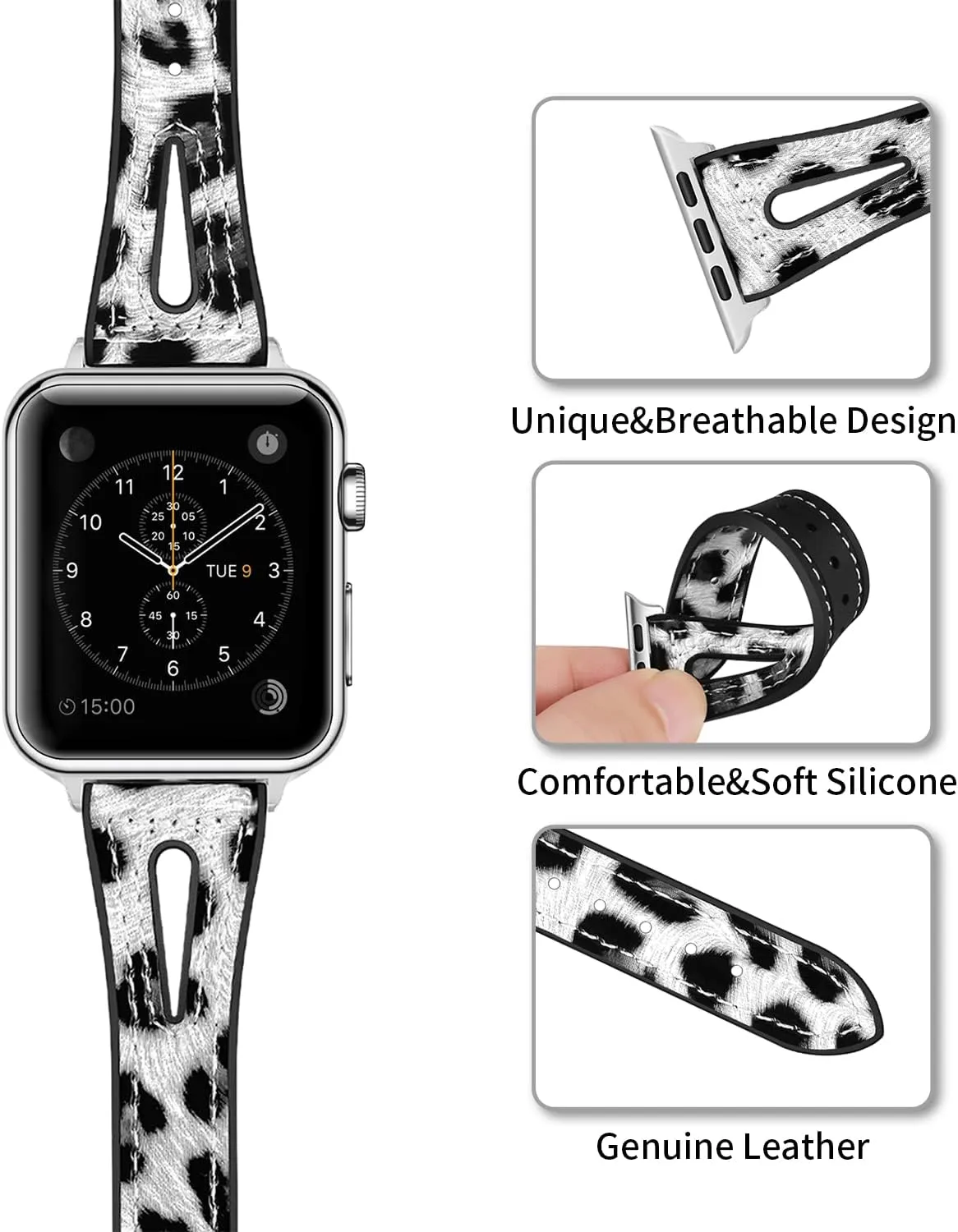 TILON Leopard Bands Compatible for Apple Watch Band 38mm 40mm 41mm/42mm 44mm 45mm, Waterproof Genuine Leather&Soft Silicone Strap Replacement for iWatch Series SE 7 6 5 4 3 2 1 Women Girls