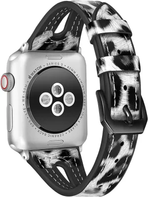 TILON Leopard Bands Compatible for Apple Watch Band 38mm 40mm 41mm/42mm 44mm 45mm, Waterproof Genuine Leather&Soft Silicone Strap Replacement for iWatch Series SE 7 6 5 4 3 2 1 Women Girls