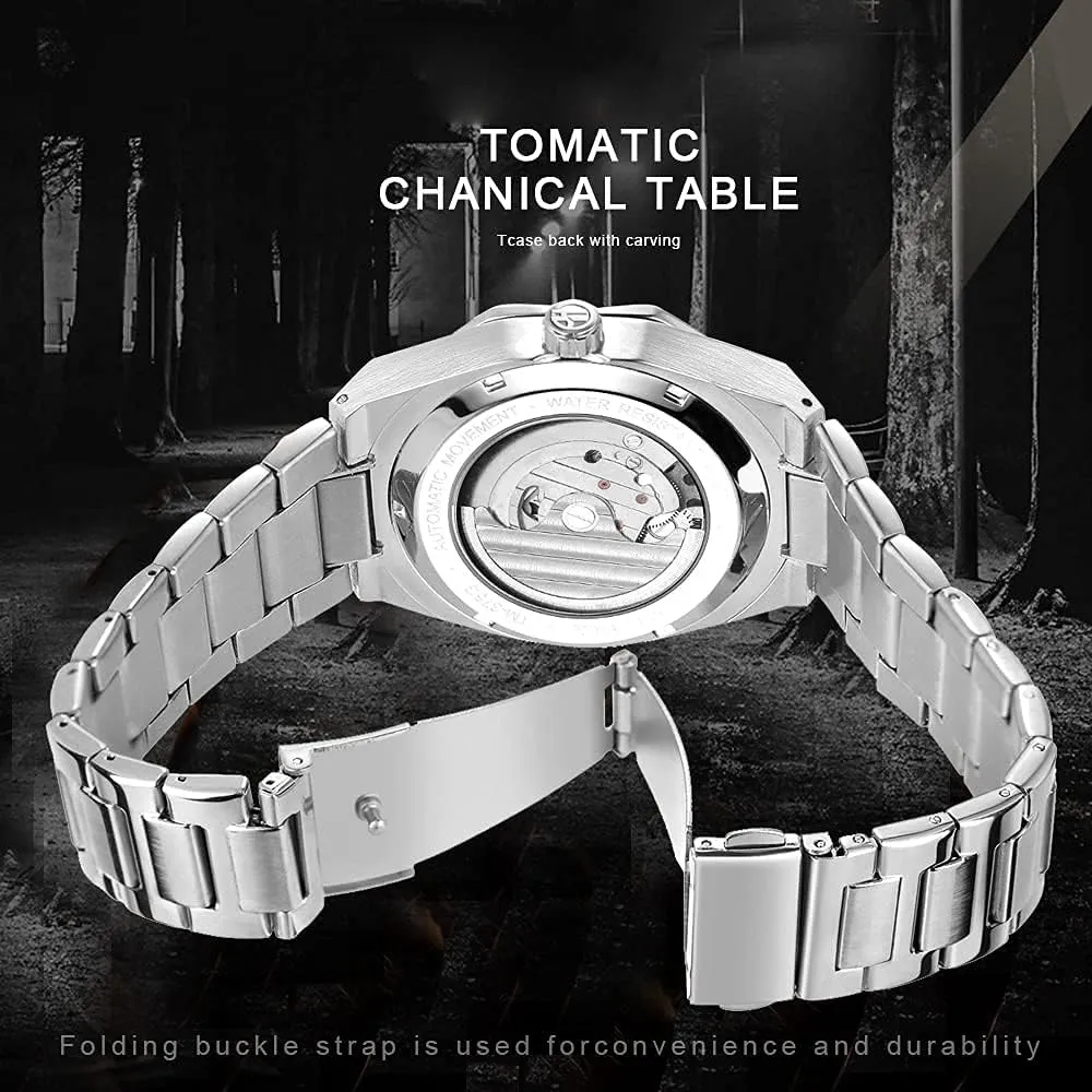Tiong Mechanical Mens Watches Fashion Automatic Male Clock Blue Stainless Steel Waterproof Business Skeleton Watch…