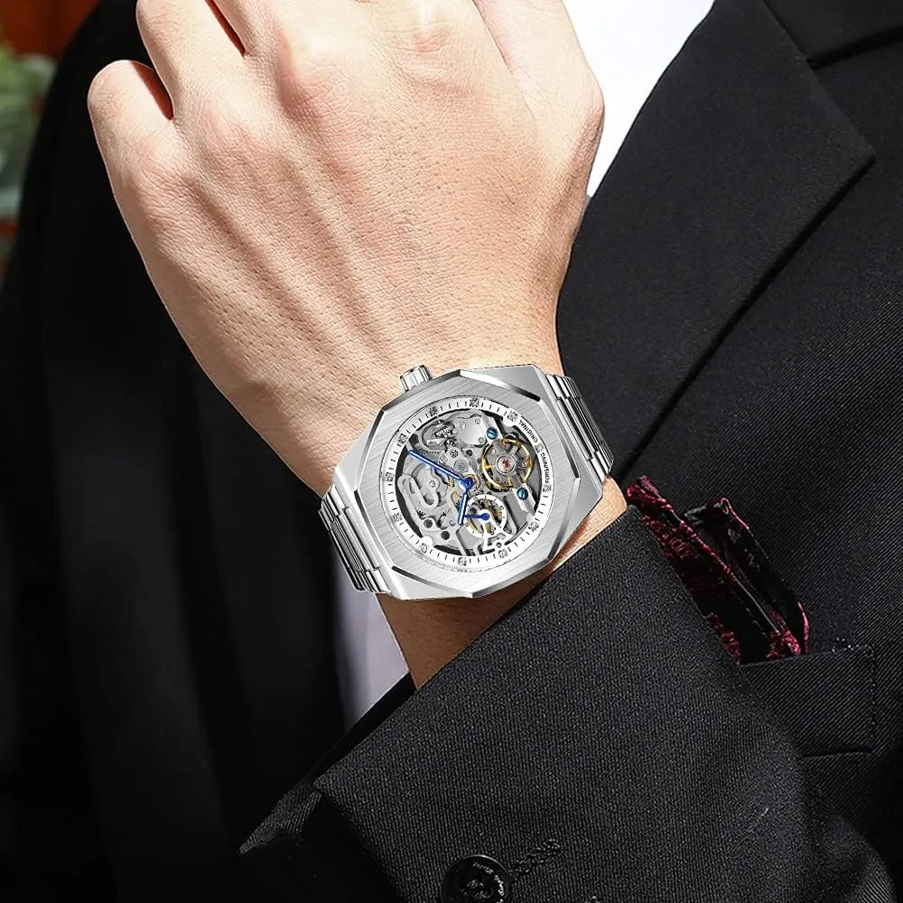 Tiong Mechanical Mens Watches Fashion Automatic Male Clock Blue Stainless Steel Waterproof Business Skeleton Watch…