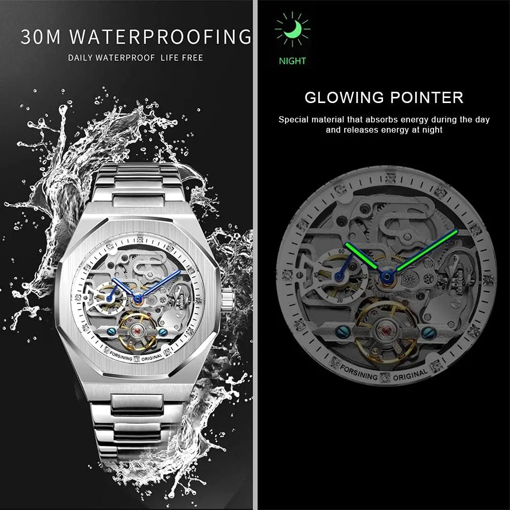 Tiong Mechanical Mens Watches Fashion Automatic Male Clock Blue Stainless Steel Waterproof Business Skeleton Watch…