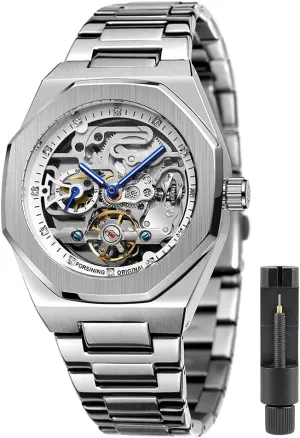 Tiong Mechanical Mens Watches Fashion Automatic Male Clock Blue Stainless Steel Waterproof Business Skeleton Watch…