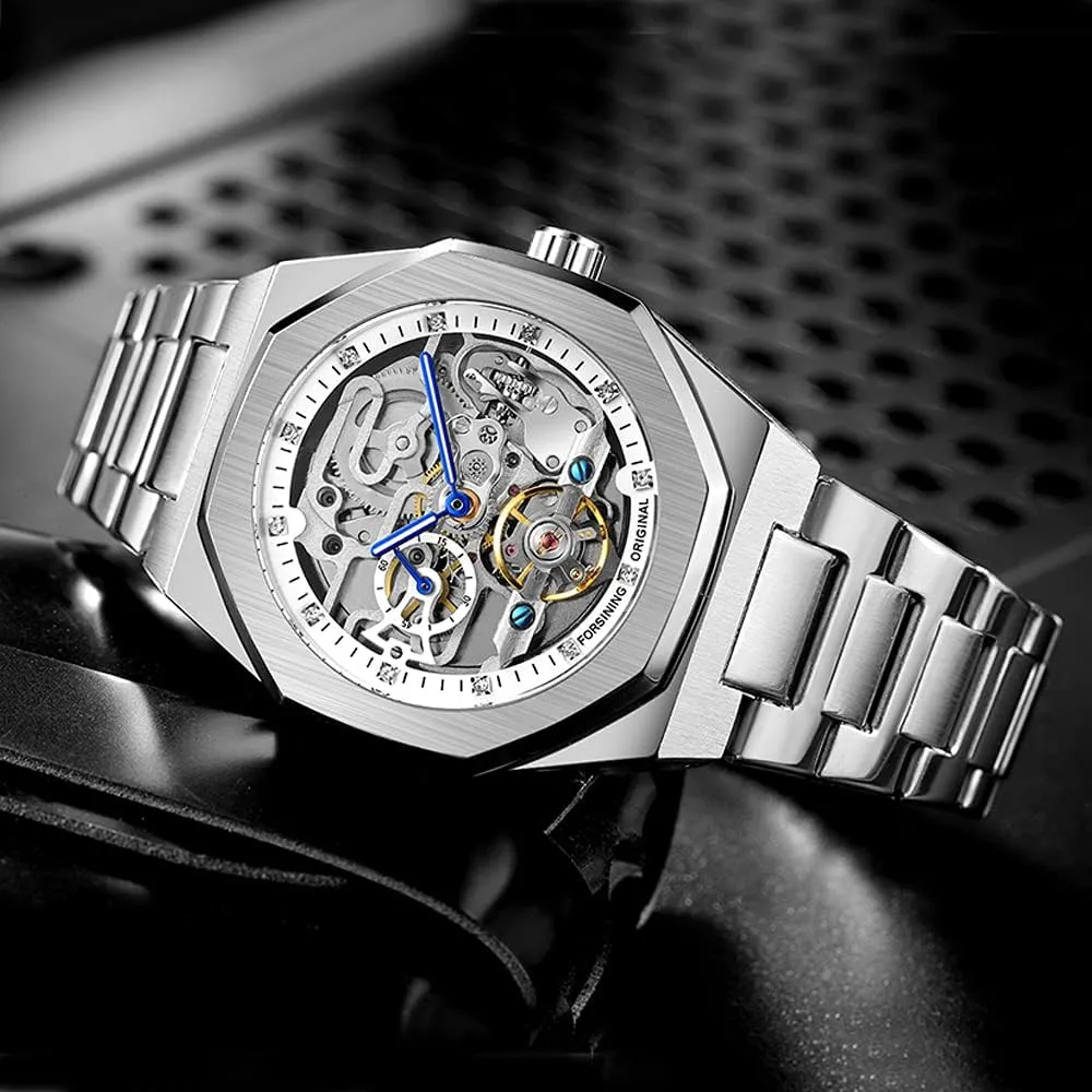Tiong Mechanical Mens Watches Fashion Automatic Male Clock Blue Stainless Steel Waterproof Business Skeleton Watch…