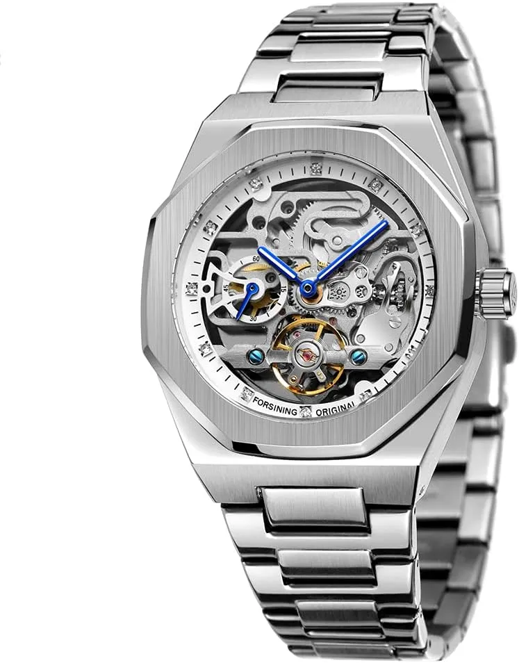Tiong Mechanical Mens Watches Fashion Automatic Male Clock Blue Stainless Steel Waterproof Business Skeleton Watch…