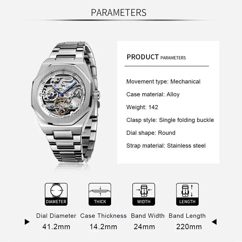 Tiong Mechanical Mens Watches Fashion Automatic Male Clock Blue Stainless Steel Waterproof Business Skeleton Watch…