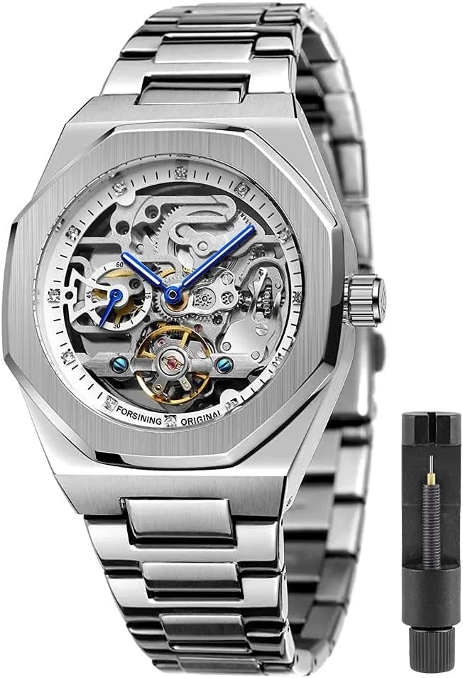 Tiong Mechanical Mens Watches Fashion Automatic Male Clock Blue Stainless Steel Waterproof Business Skeleton Watch…
