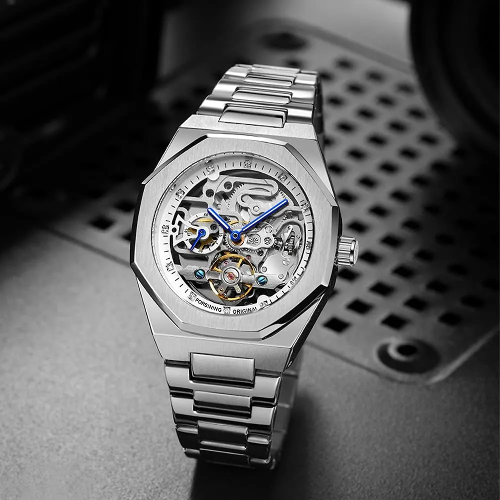 Tiong Mechanical Mens Watches Fashion Automatic Male Clock Blue Stainless Steel Waterproof Business Skeleton Watch…