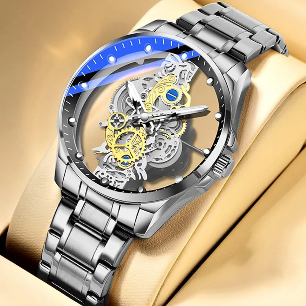 Tiong Men's Clear Cover Quartz Watch Men Stainless Steel Waterproof Watch, Business Skeleton Quartz Watch for Men
