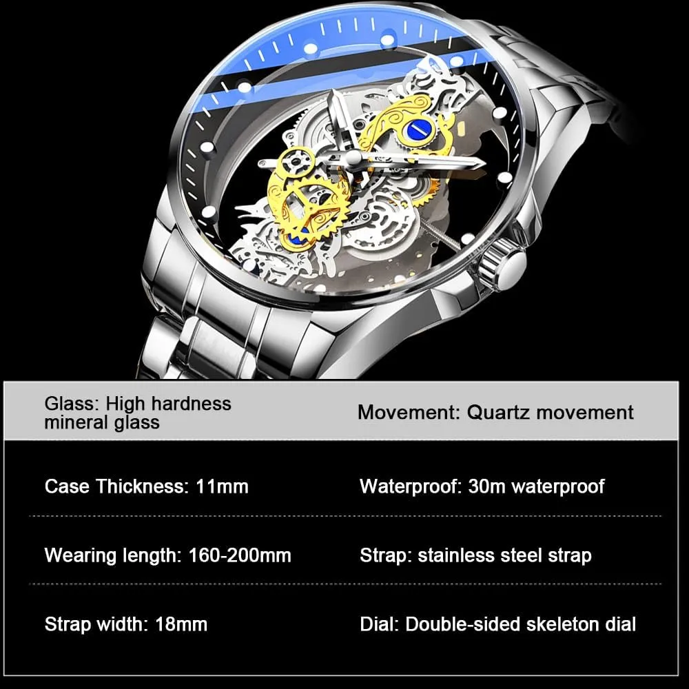 Tiong Men's Clear Cover Quartz Watch Men Stainless Steel Waterproof Watch, Business Skeleton Quartz Watch for Men