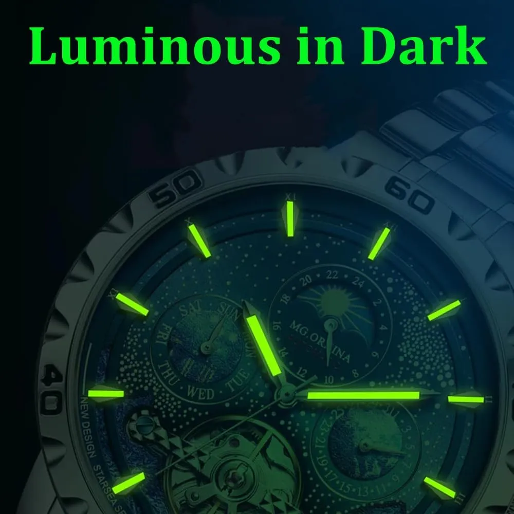 Tourbillon Mechanical Watch for Men Waterproof Automatic Moon Phases Stainless Steel Wristwatch
