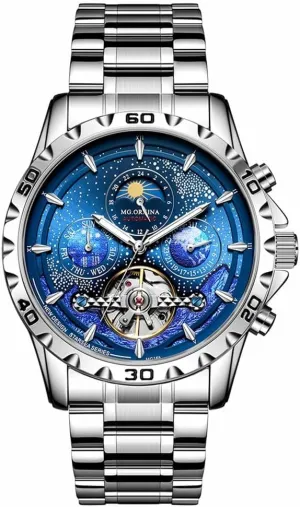 Tourbillon Mechanical Watch for Men Waterproof Automatic Moon Phases Stainless Steel Wristwatch
