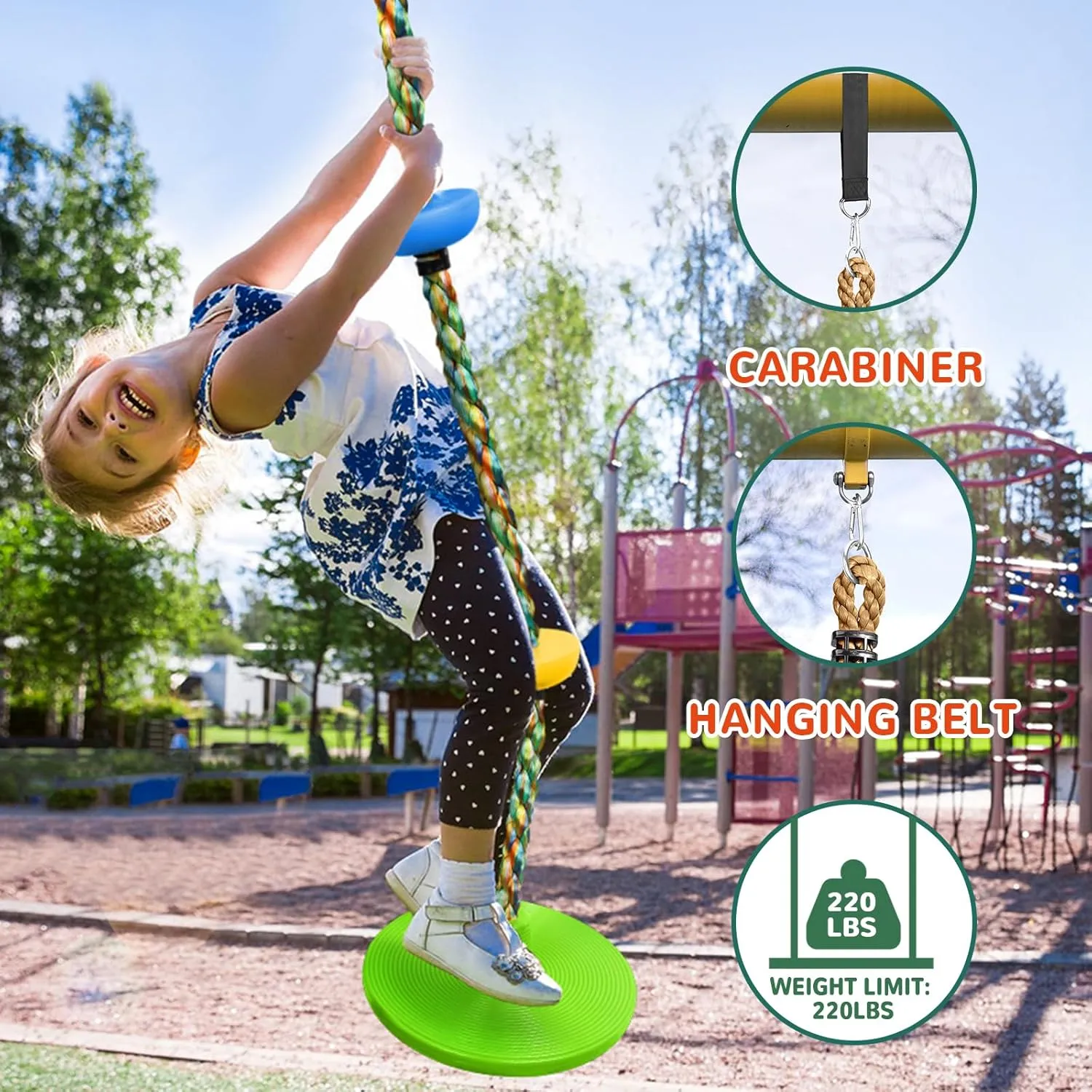 Tree Swing Rainbow Climbing Rope, Heavy Duty Swing Disc Seat Replacement for Kids with Hanging Strap and Platform Carabiners Indoor/Outdoor Playground Accessories (Leaf Green)