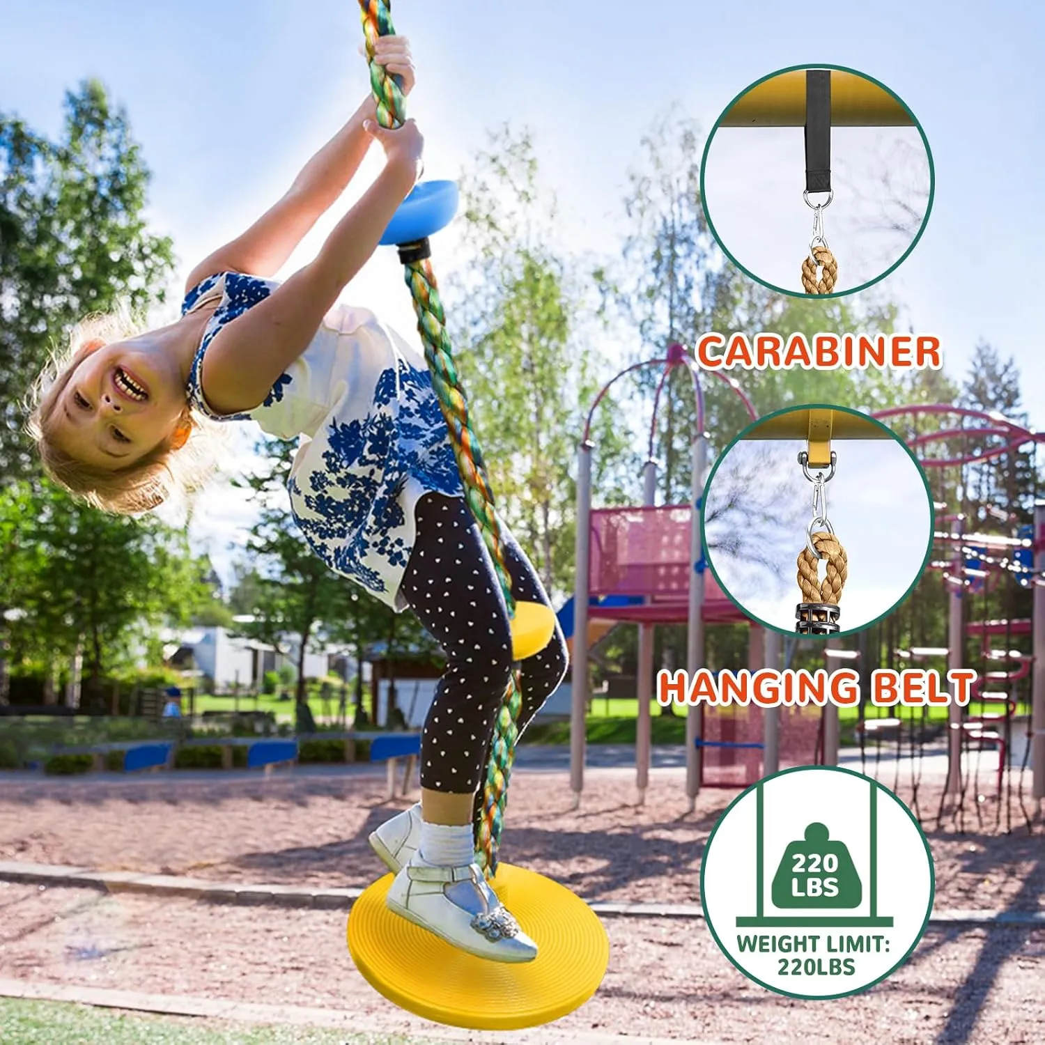 Tree Swing Rainbow Climbing Rope, Heavy Duty Swing Disc Seat Replacement for Kids with Hanging Strap and Platform Carabiners Indoor/Outdoor Playground Accessories (Yellow)