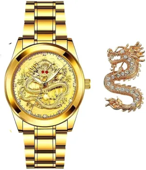 Udaney Mens-Gold-Dragon Watches Golden Business Casual Quartz Mens Wristwatch Stainless Steel Strap